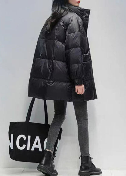 Black Stand Collar Oversized Pockets Duck Down Puffers Jackets Winter