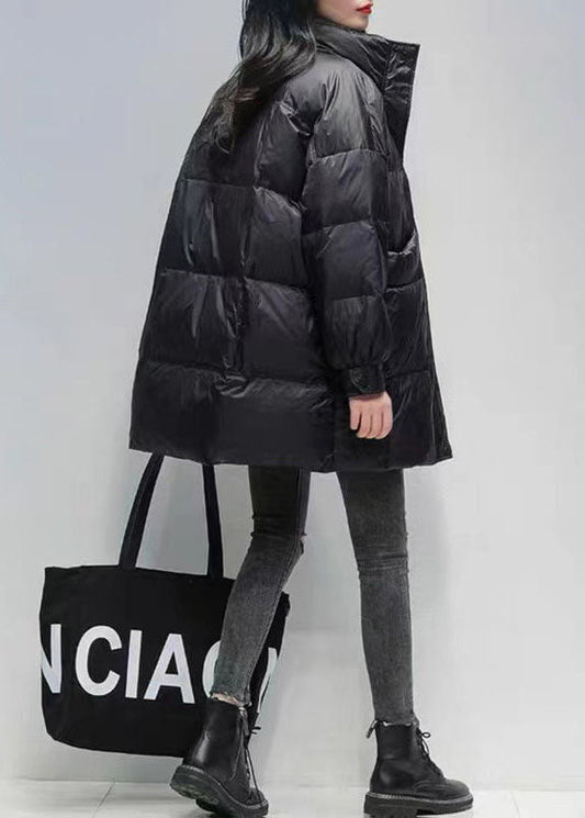 Black Stand Collar Oversized Pockets Duck Down Puffers Jackets Winter