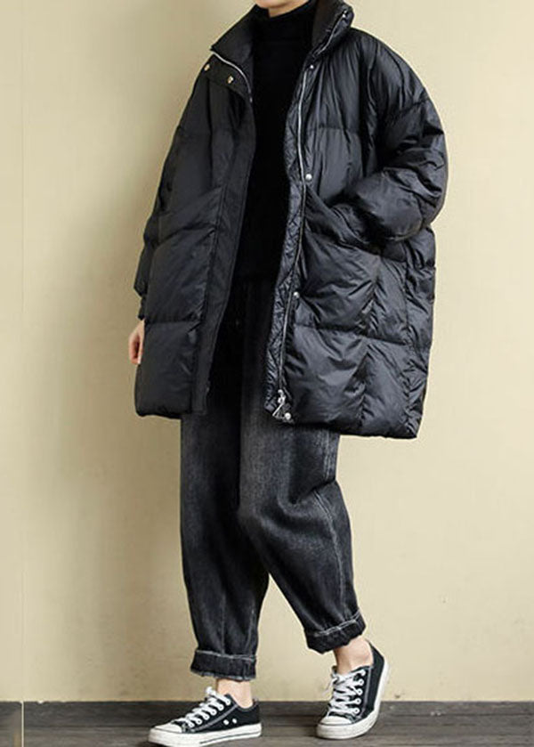 Black Stand Collar Oversized Pockets Duck Down Puffers Jackets Winter