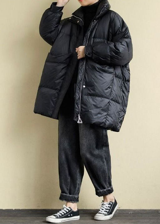 Black Stand Collar Oversized Pockets Duck Down Puffers Jackets Winter