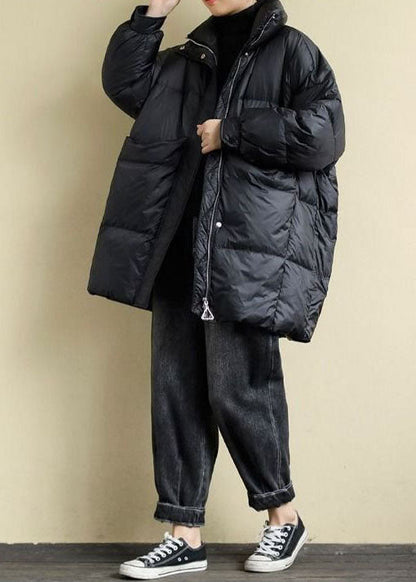 Black Stand Collar Oversized Pockets Duck Down Puffers Jackets Winter