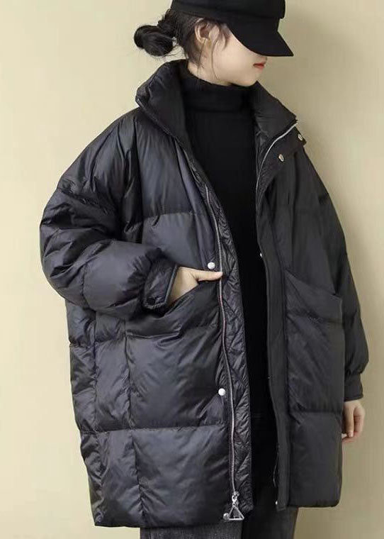 Black Stand Collar Oversized Pockets Duck Down Puffers Jackets Winter
