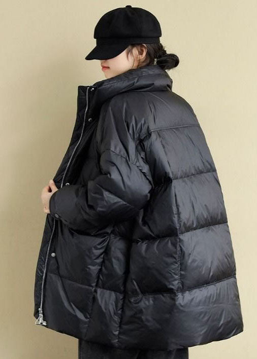 Black Stand Collar Oversized Pockets Duck Down Puffers Jackets Winter