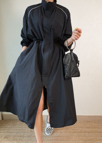 Black Stand Collar Pockets Patchwork Cotton Trench Jackets Spring