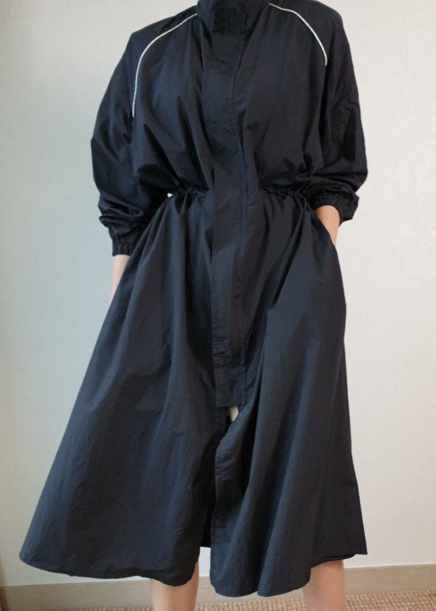 Black Stand Collar Pockets Patchwork Cotton Trench Jackets Spring