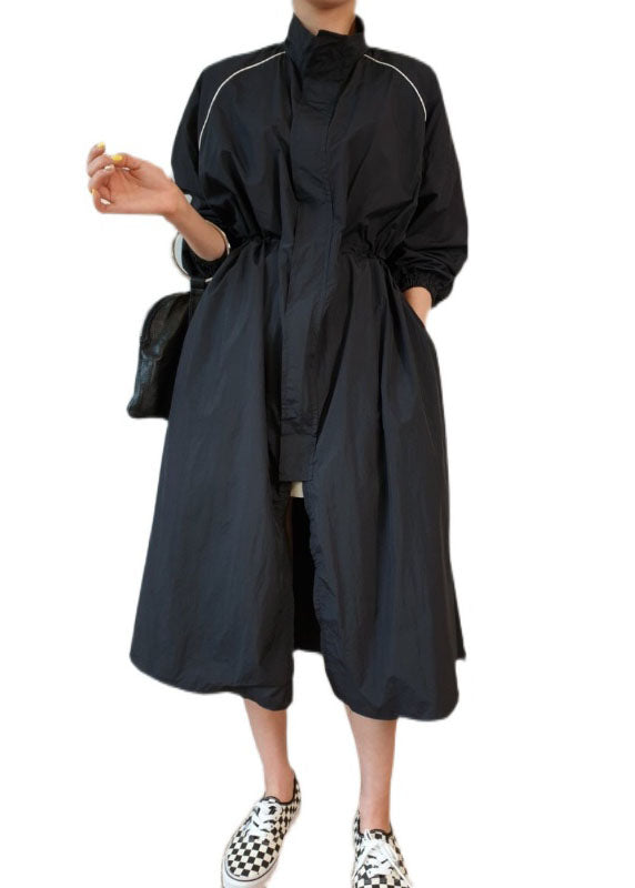 Black Stand Collar Pockets Patchwork Cotton Trench Jackets Spring