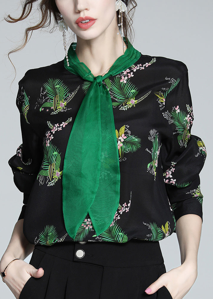 Black Stand Collar Print Silk Shirt Spring