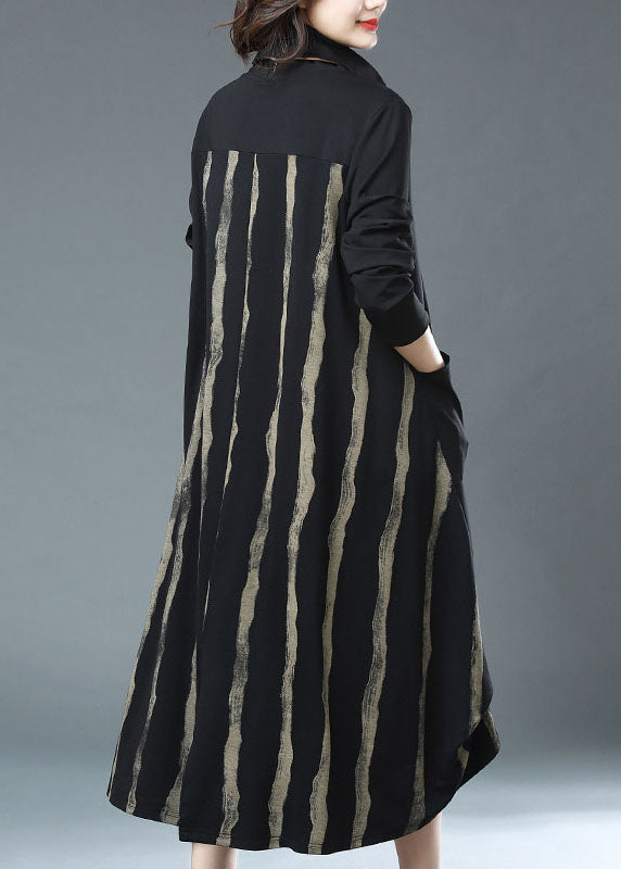 Black Striped Pockets Patchwork Cotton Dress Fall