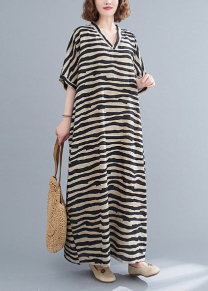 Black Striped V Neck Pockets Long Dress Short Sleeve