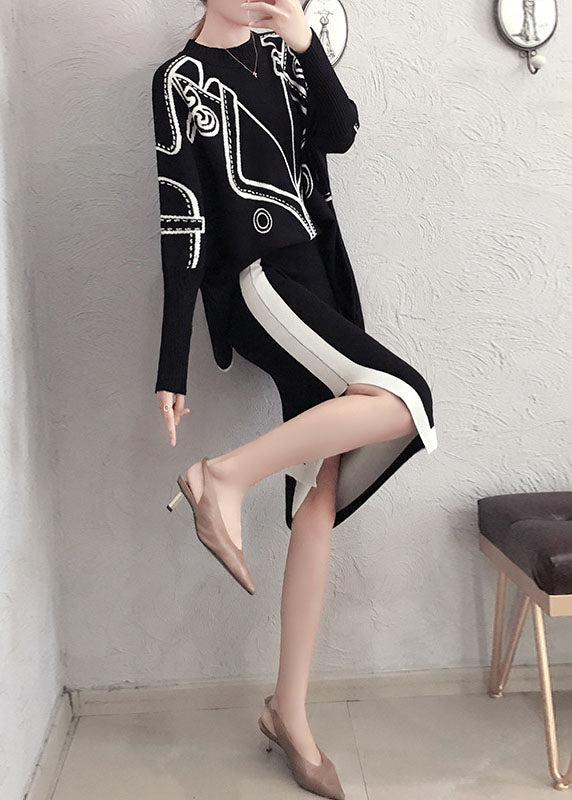 Black Tasseled Patchwork Knit Two Pieces Set Winter