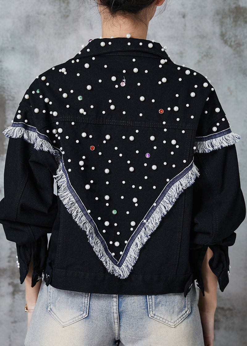 Black Tasseled Patchwork Nail Bead Denim Jacket Spring