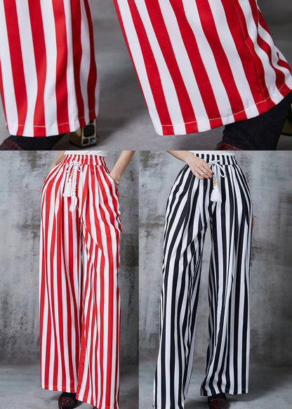 Black Tasseled Striped Cotton Straight Pants Summer