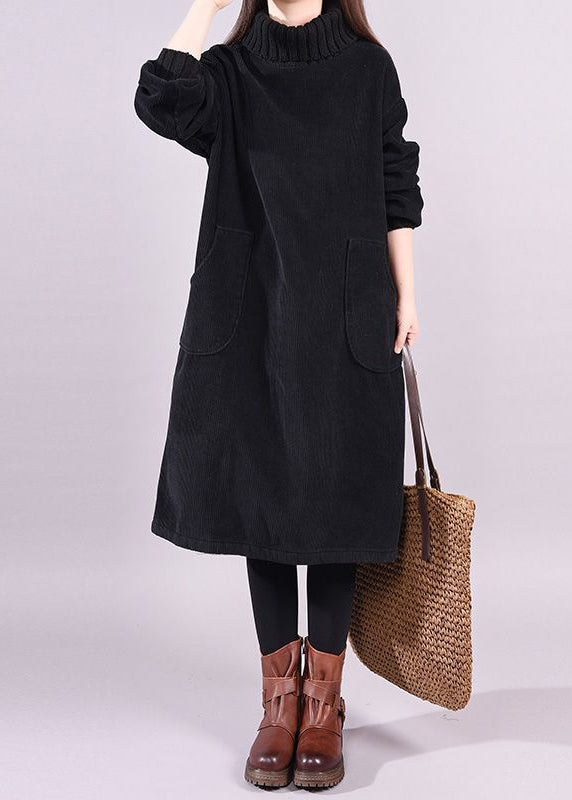 Black Turtle Neck Patchwork Warm Fleece Corduroy Dress Long Sleeve