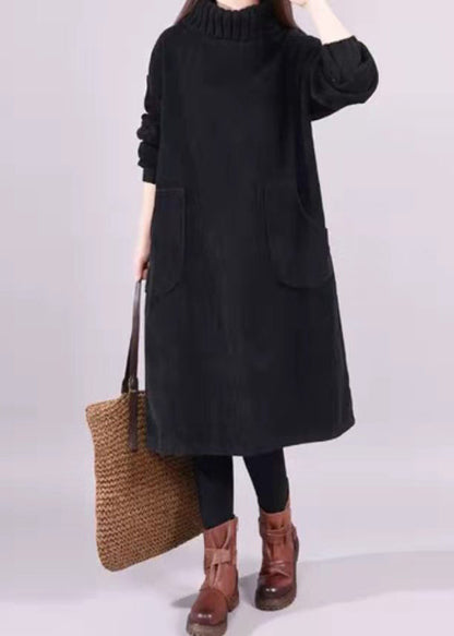 Black Turtle Neck Patchwork Warm Fleece Corduroy Dress Long Sleeve
