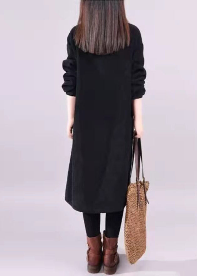 Black Turtle Neck Patchwork Warm Fleece Corduroy Dress Long Sleeve