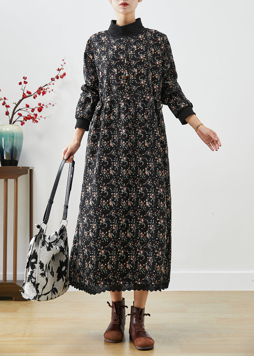 Black Turtle Neck Print Warm Fleece Long Dress Winter