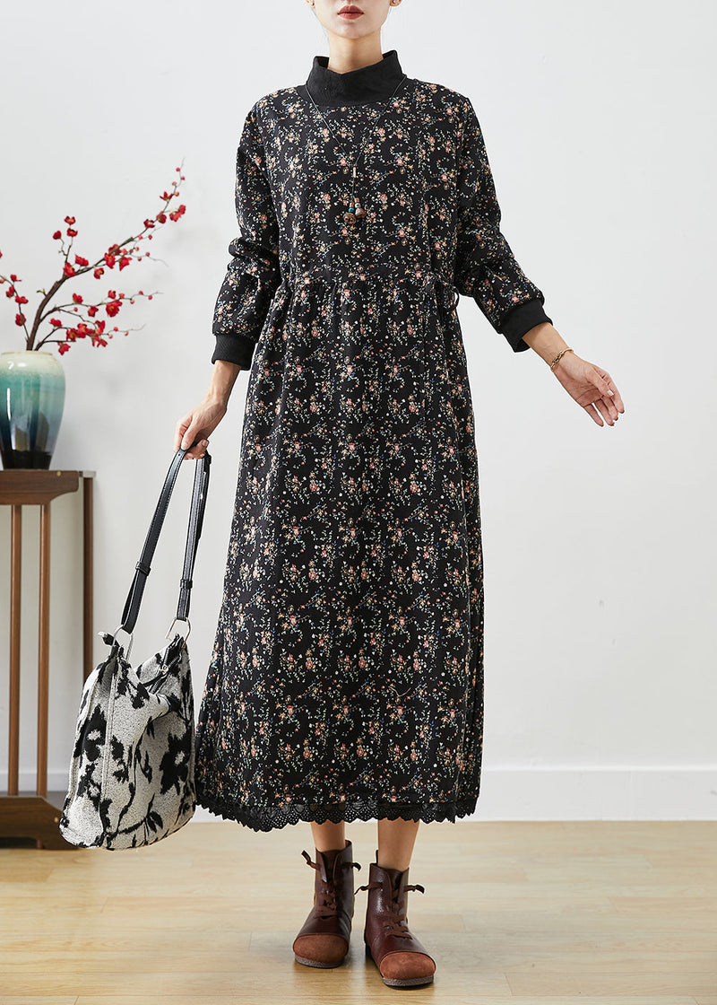 Black Turtle Neck Print Warm Fleece Long Dress Winter