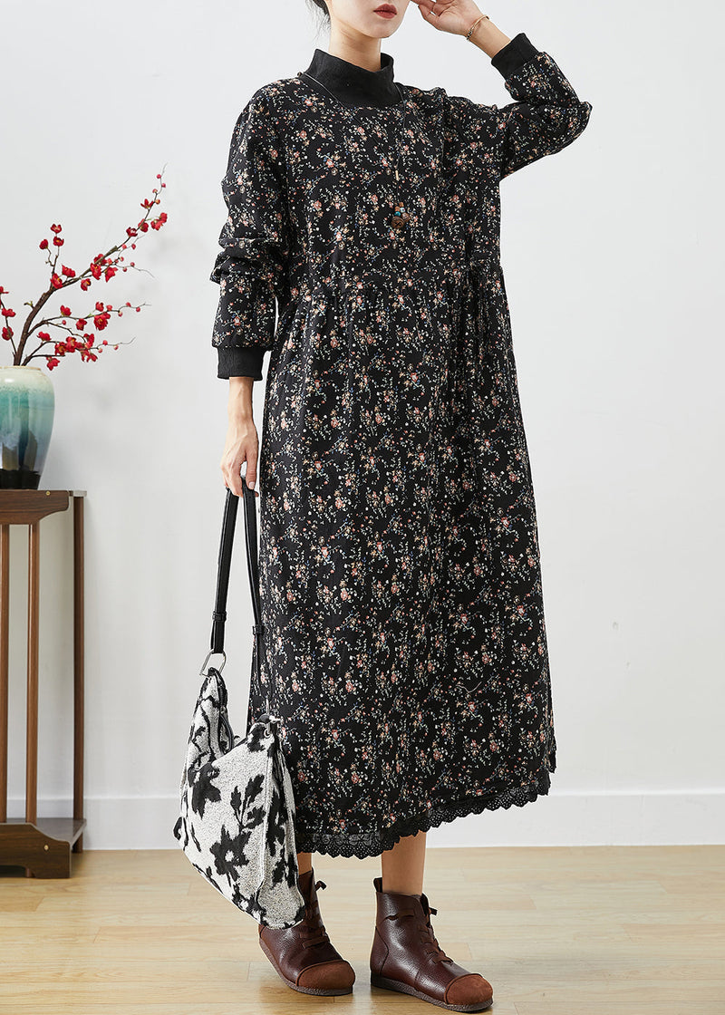Black Turtle Neck Print Warm Fleece Long Dress Winter