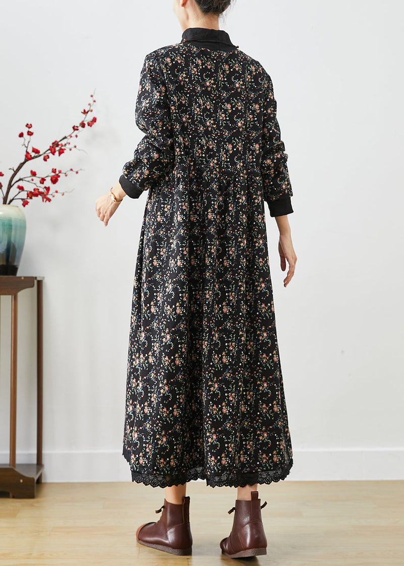 Black Turtle Neck Print Warm Fleece Long Dress Winter