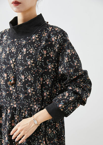 Black Turtle Neck Print Warm Fleece Long Dress Winter