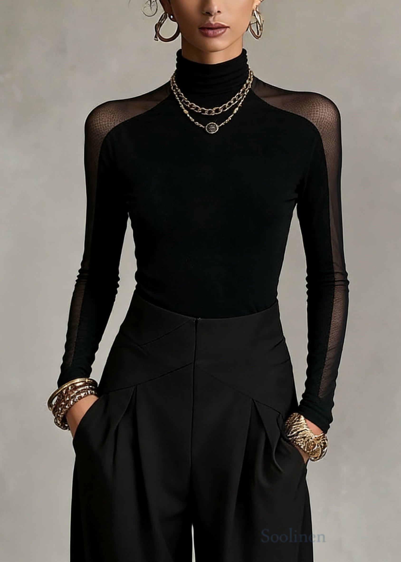 Bohemian Black Turtleneck Patchwork Tulle Top Spring