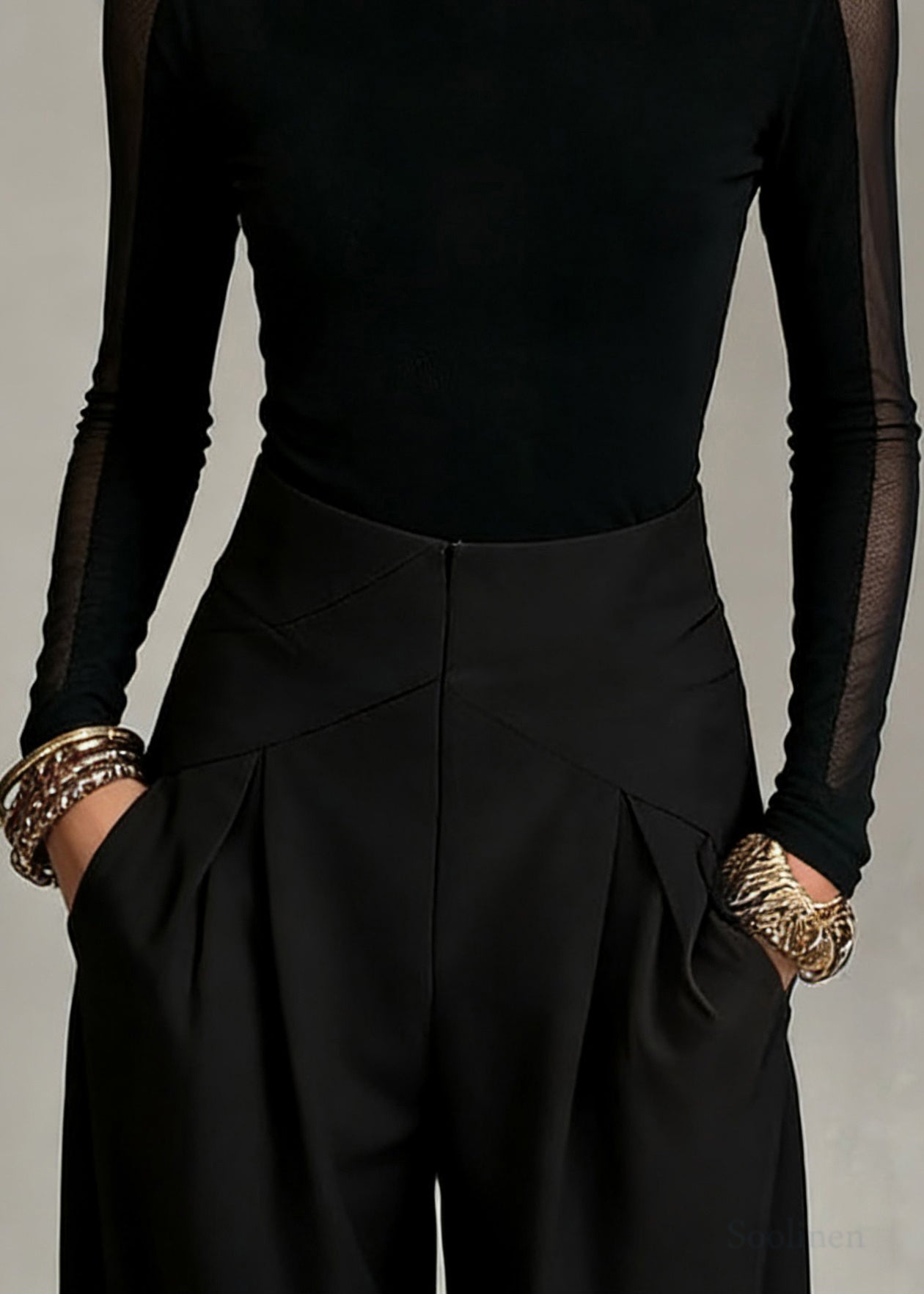 Bohemian Black Turtleneck Patchwork Tulle Top Spring