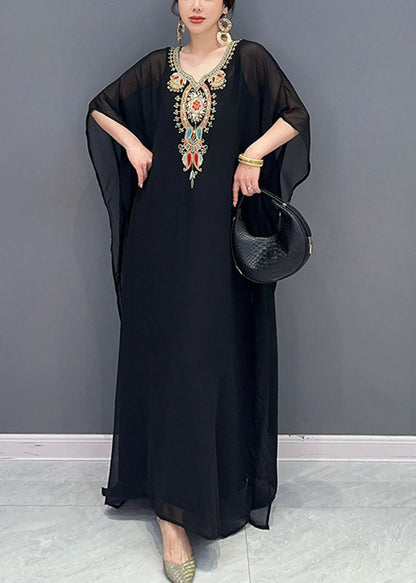 Black V Neck Embroidered Patchwork Tulle Maxi Dresses Long Sleeve