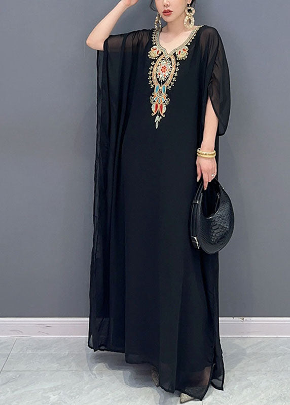 Black V Neck Embroidered Patchwork Tulle Maxi Dresses Long Sleeve