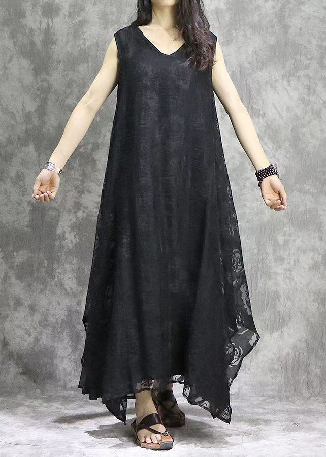 Black V Neck Exra Large Hem Silk Beach Dress Sleeveless
