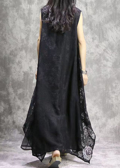 Black V Neck Exra Large Hem Silk Beach Dress Sleeveless