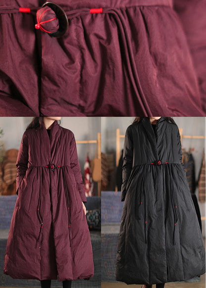 Black V Neck Loose Duck Down Coat Winter