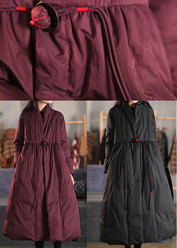 Black V Neck Loose Duck Down Coat Winter