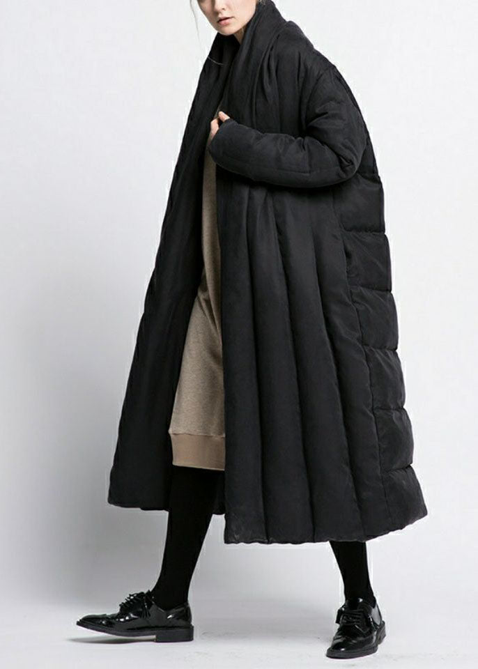 Black V Neck Oversized Patchwork Duck Down Puffer Jacket Winter