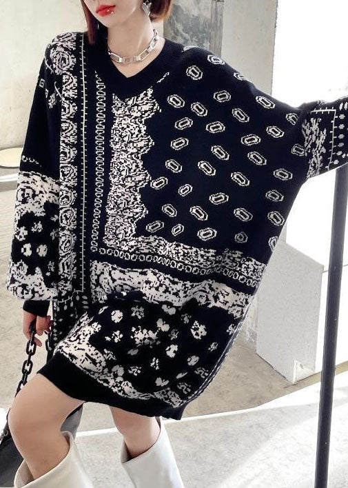 Black V Neck Oversized Print Knit Sweater Dress Winter