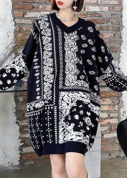 Black V Neck Oversized Print Knit Sweater Dress Winter