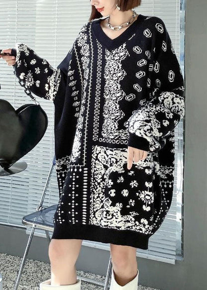 Black V Neck Oversized Print Knit Sweater Dress Winter