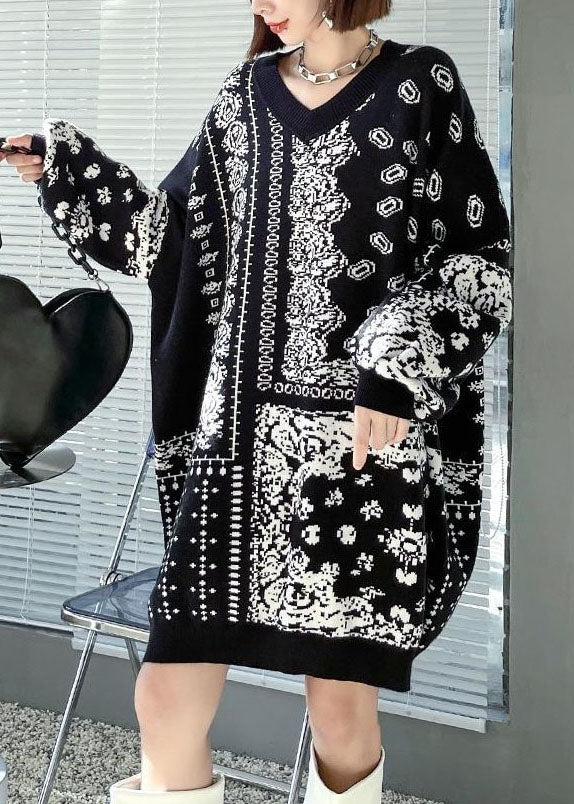 Black V Neck Oversized Print Knit Sweater Dress Winter