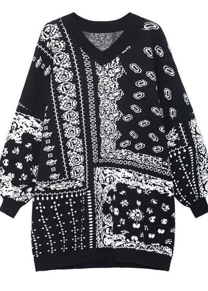 Black V Neck Oversized Print Knit Sweater Dress Winter