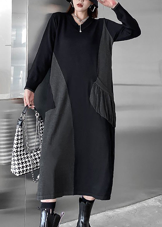 Black V Neck Patchwork Cozy Knit Long Sweater Dress Winter