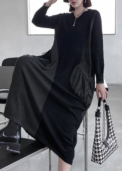 Black V Neck Patchwork Cozy Knit Long Sweater Dress Winter