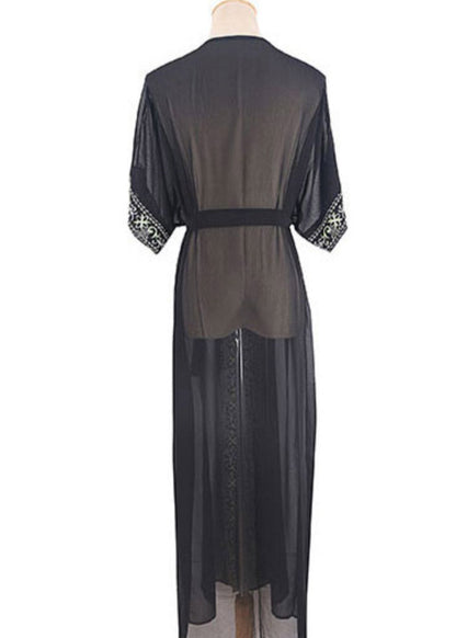 Black V Neck Print Chiffon Long Beach Cardigans Summer