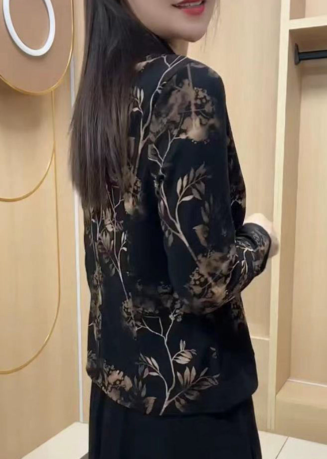 Black V Neck Print Chinese Button Cotton Top Spring