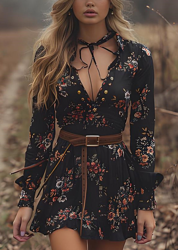 Black V Neck Print Cotton Mid Dresses Spring