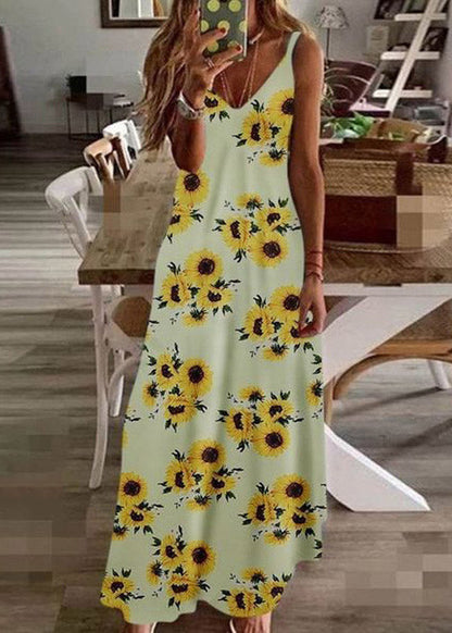 Black V Neck Print Long Dress Summer