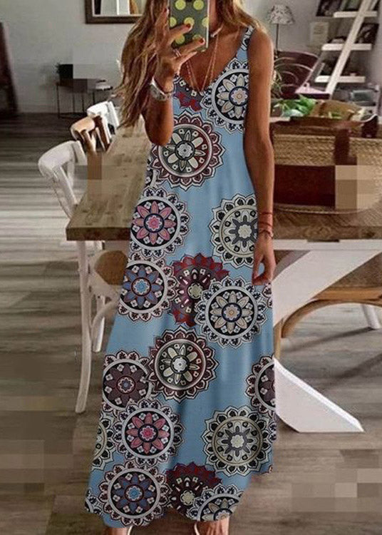 Black V Neck Print Long Dress Summer