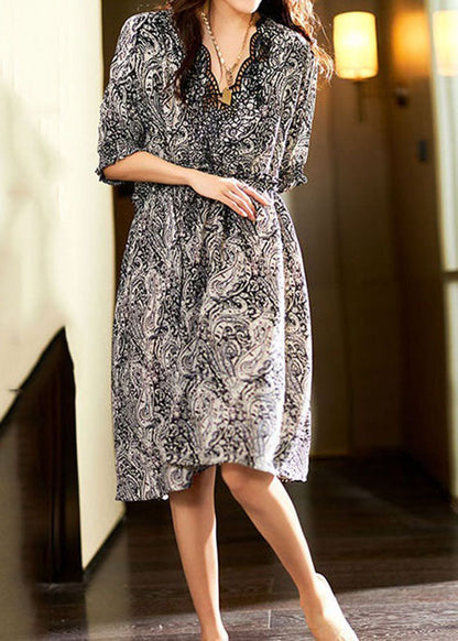 Black V Neck Print Patchwork Chiffon Dress Summer