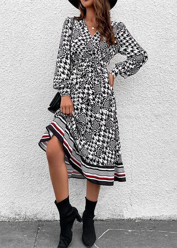 Black V Neck Print Patchwork Chiffon Dresses Spring
