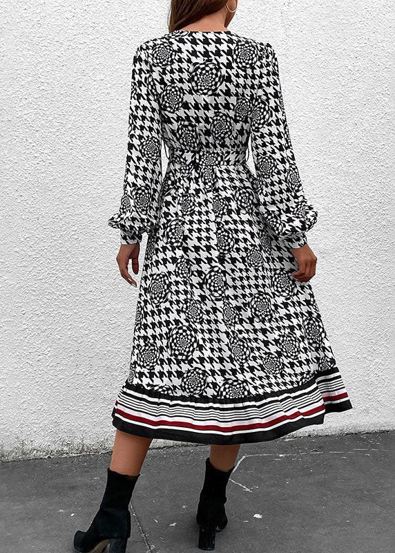 Black V Neck Print Patchwork Chiffon Dresses Spring