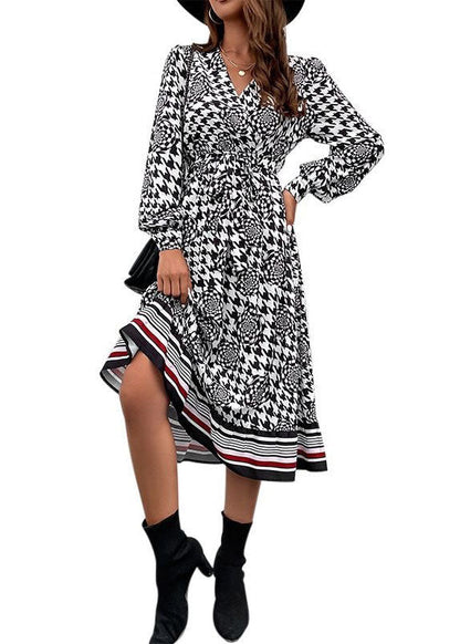 Black V Neck Print Patchwork Chiffon Dresses Spring