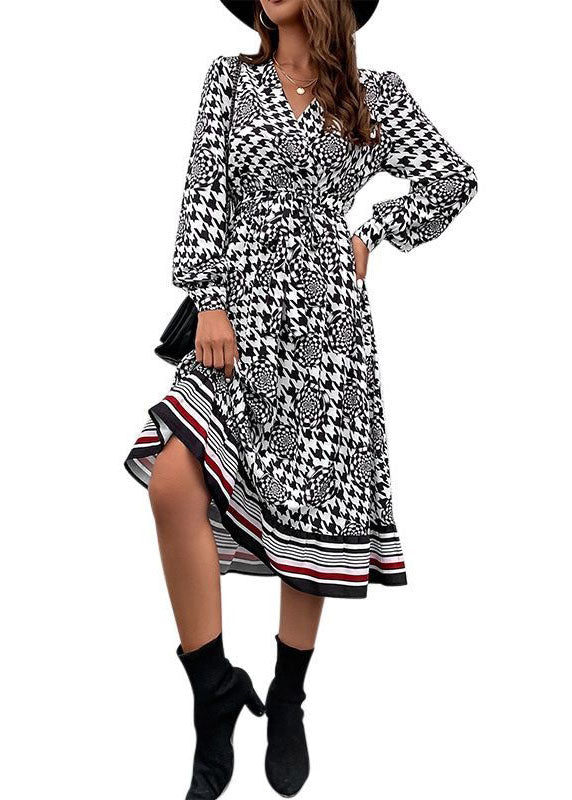 Black V Neck Print Patchwork Chiffon Dresses Spring
